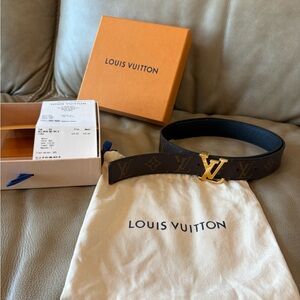 Louis Vuitton Dark Brown reversible Monogram Belt with iconic LV Gold Buckle